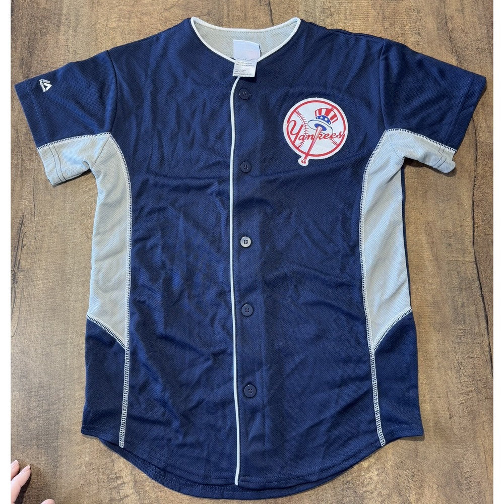 Yankees Baseball Majestic‎ Button Up Jersey Size Medium M 8-10 Gray/Navy